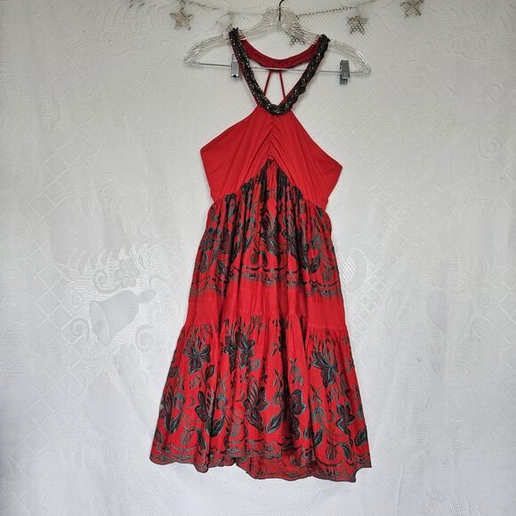 Womens Size 38 Silk Dress Jewel Neckline Embroidered Floral Cutout Y2K Boho Chic - Picture 1 of 16